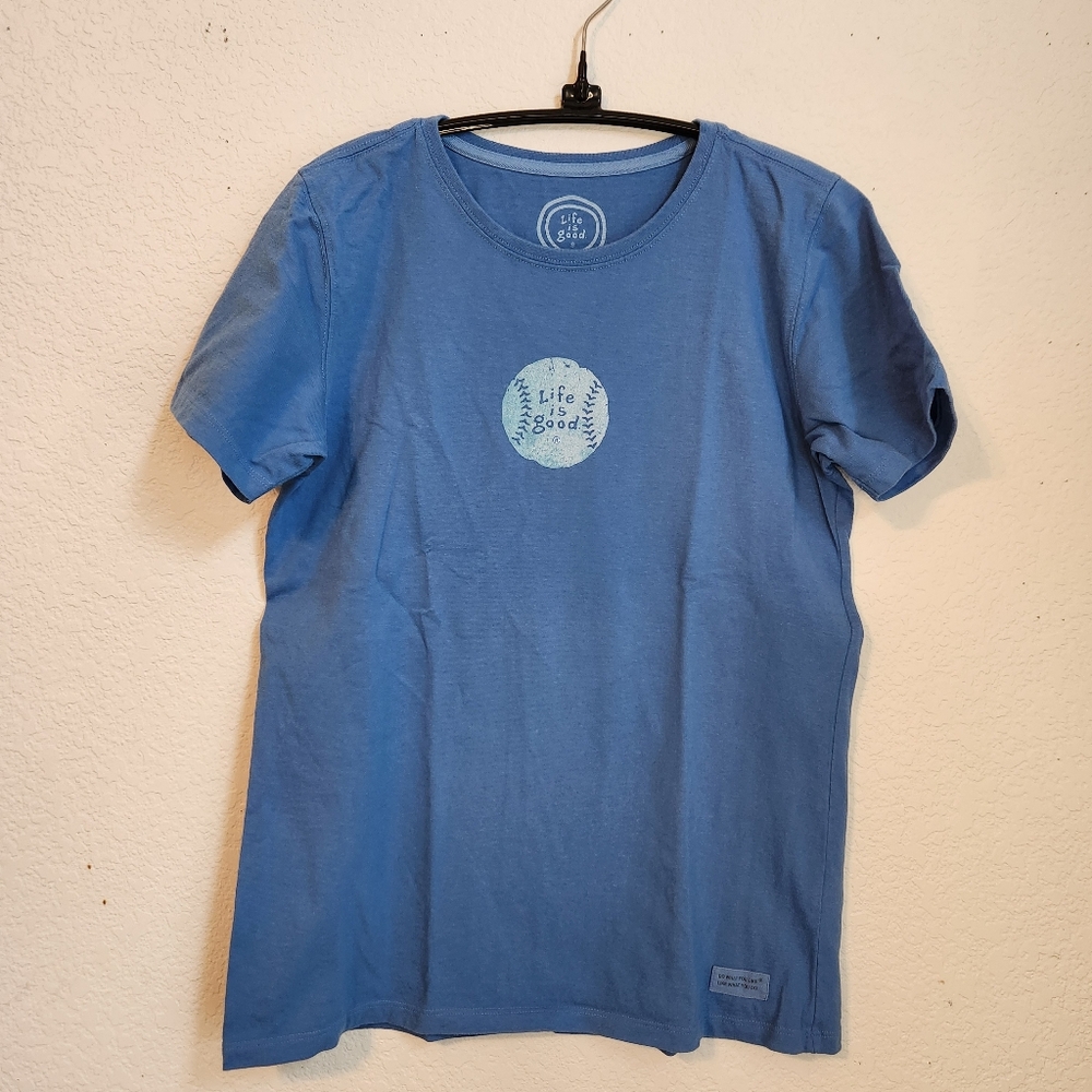 Life is Good Women's Blue Classic Fit T-Shirt with Baseball Image, Size M